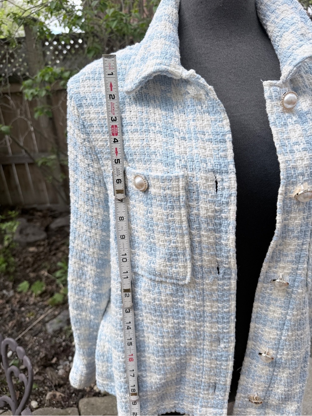 Classic Tweed Women's Jacket in Light Blue and Cream - Picture 11 of 13